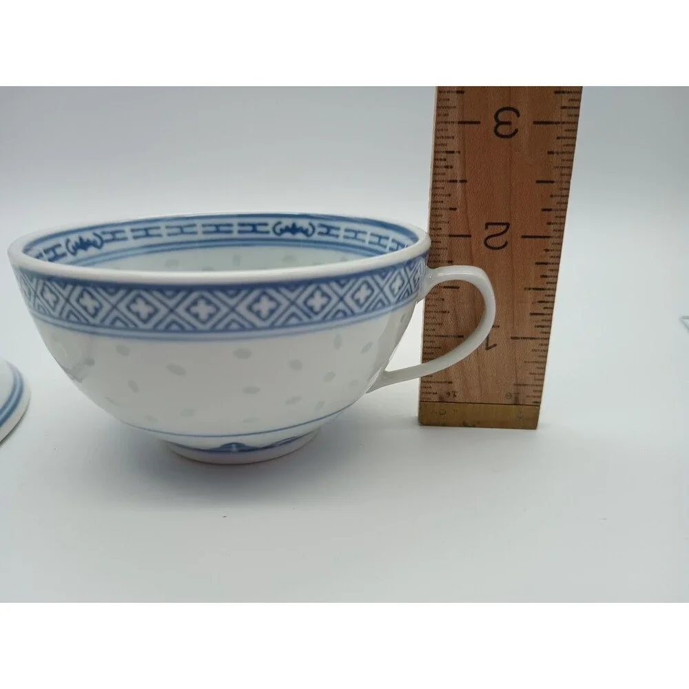 Translucent Tea Cup & Saucer Set Blue Rice Eye White Dragon Vintage Chinese
